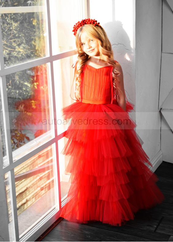 Red Tulle Long Tiered Flower Girl Dress